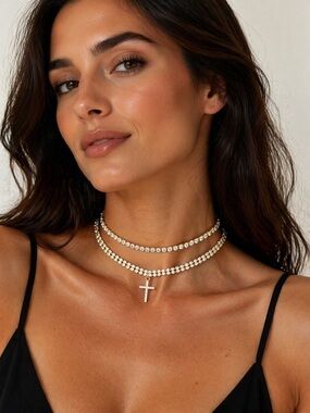 Guess Gold-Tone Double Layer Rhinestone Choker with Cross Pendant & tennis